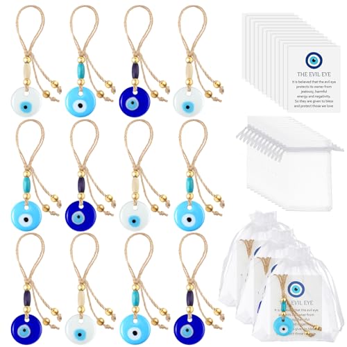 Skylety 12 Set Evil Eye Charms Evil Eye Car Hanging Good Luck Charm and Protection Gifts Glass Lucky Gifts Party Favors for Men Women