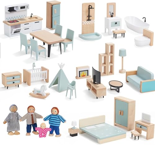 36pcs Wooden Dollhouse Furniture Set 5 Rooms with 4 Family Dolls, Wood and Plastic Blue Dollhouse Accessories, Pretend Play Furniture Toys Christmas Birthday Gift for Boys Girls & Kids Toddlers 3Y+