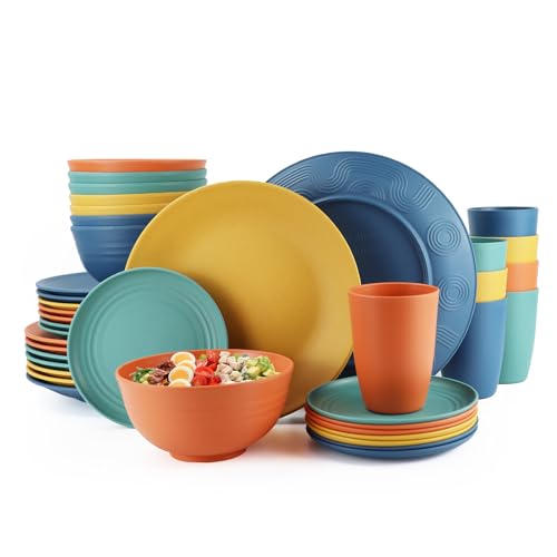 40-Piece Unbreakable Plastic Wheat Straw Dinnerware Set - Multi Color, 8-Person Dish Set for Dinner, Plates, Bowls, Cups & Appetizer Plates - Perfect for Outdoor Camping