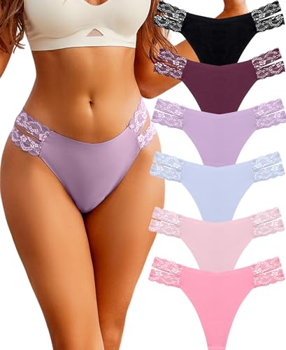 FINETOO Seamless Thongs for Women 6 Pack Sexy V-Wasit Women's Underwear No Show T-back Underwear for Women Panties