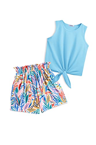 Arshiner Girls Short Sets Two Piece Outfits Summer Clothes Solid Sleeveless Tank Tops Leaves Pattern Shorts Clothing Sets