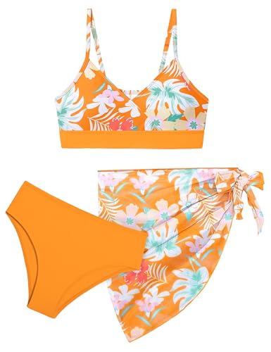 ADIFUN Bathing Suits for Girls 12-14 V Neck Adjustable Straps Teen Bathing Suits for Girls 12-14 Swimsuit for Girls 12-14 Orange Floral Bikini Set Size 13 14