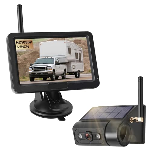 Magnetic Solar Wireless Backup Camera with 5” HD Monitor No Wiring Rechargeable Battery IP68 IR Night Vision Rearview Camera System for Car RV Truck 5th Wheels Skid Steer Horse Trailer Hitch Camera