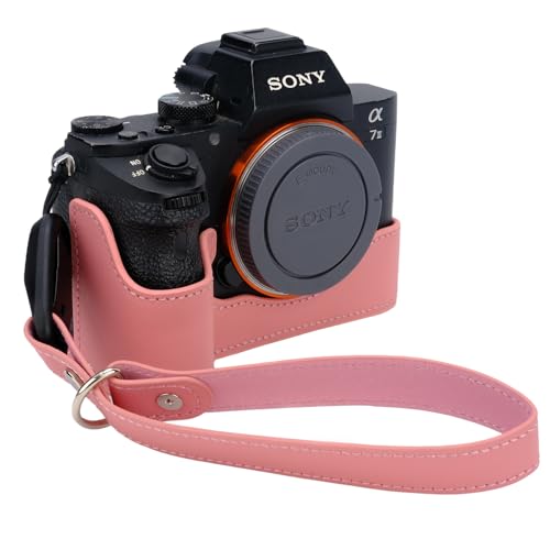 Bowan for Sony a7 III ILCE7M3/B Camera Case,Handmade Genuine Real Leather Half Camera Case Bag Cover for A7 Mark III, A7R III, A9 A7 II, A7R II Camera Bottom Opening Version + Hand Strap (Pink)