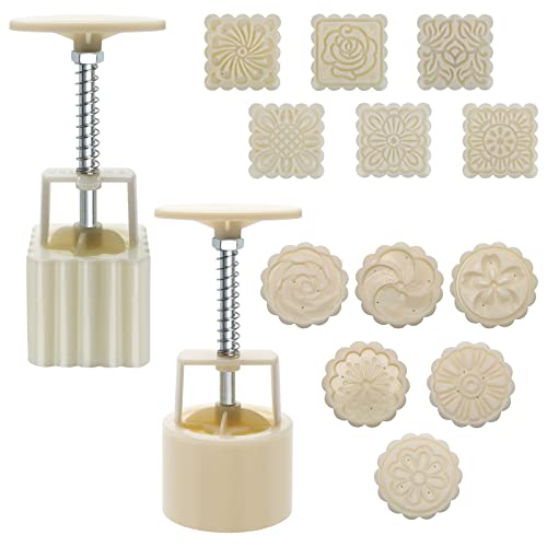 Luxiv Moon Cake Mould 75g, 12 PCS Pattern Hand-Pressure Mooncake Molds for Mid-Autumn DIY Pastry Tool 2 Sets with 6pcs Round Flower Mooncake Mode and 6 Pcs Square Pattern Mooncake Mould (White, 75g)