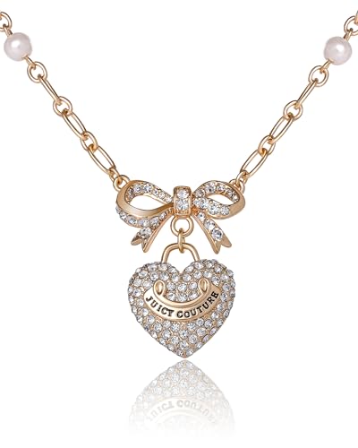 Juicy Couture Necklace Gold Tone 18"+2", Heart Charm Necklace for Women with Bow, Faux Pearls, and Clear Stones
