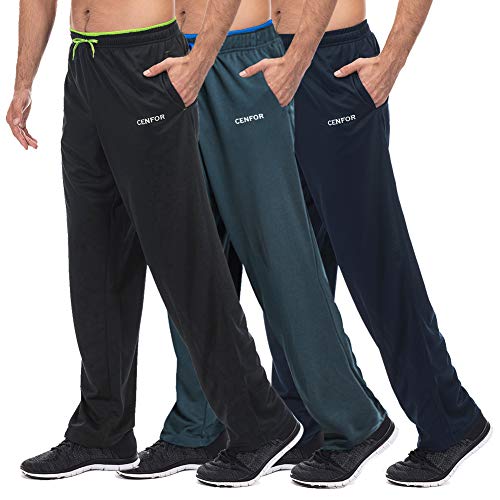 CENFOR Men's Sweatpant with Pockets Open Bottom Athletic Pants,3 Piece, Jogging, Workout, Gym, Running, Hiking, Training, Set(Black,Gray,Navy Blue,S)