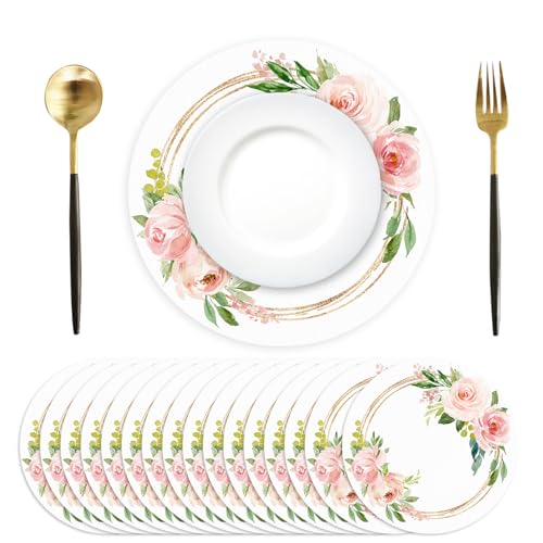 50 Pack Paper Placemats Disposable Pink Floral Wedding Disposable Placemats 13.7 Inch Rose Floral Round Place Mats Spring Summer Table Mats for Birthday Wedding Anniversary Bride Party Supplies