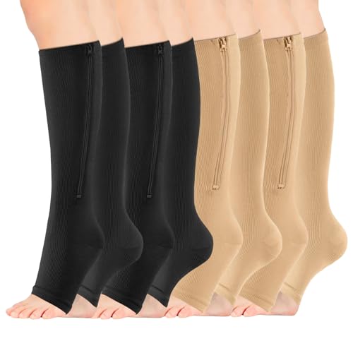 Zipper Compression Socks Women & Men, Toeless Compression Socks, 15-20mmhg Knee High, Anti-Pinch Zipper for Varicose Veins, Elderly, Pregnancy, Nurses, Travel(4 Pairs) (XX-Large)