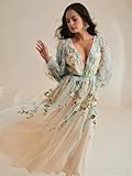 Yfqioys A Line Boho Romantic Tulle Floral Dress Puff Sleeve Deep V Neck Ankle Length French Style Dress with Embroidery 2024