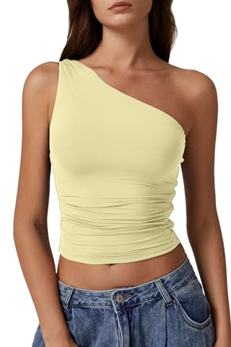 QINSEN Off The Shoulder Tops for Women One Shoulder Double Lined Sleeveless Slim Fit Cropped Tee Shirt Light Yellow S