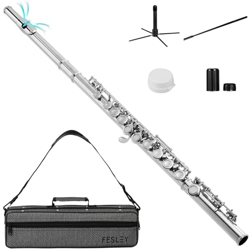 Fesley C Flutes Closed Hole, 16 Keys Flute Instrument, Student Flute for Beginners, Beginner Flute with Cleaning Kit, Case, Stand, Joint Grease, Tuning Rod, Gloves, Nickel