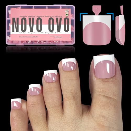 NOVO OVO French Tip Toe Nail Tips Press on, Sharp Square Pre-Designed Soft Gel False Toenail Extension, BERRY PINK Pre-applied Tip Primer & Base Coat, Full Cover Acrylic for DIY x 15 Sizes 240 pcs