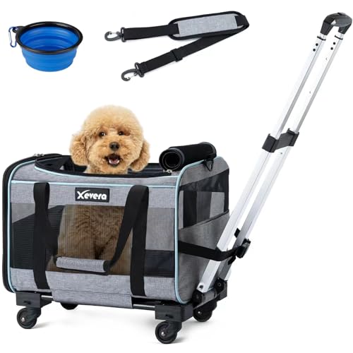 Xevera Cat Dog Carrier with Wheels Airline Approved Rolling Pet Carrier with Telescopic Handle, Shoulder Strap and Pet Bowl, Grey