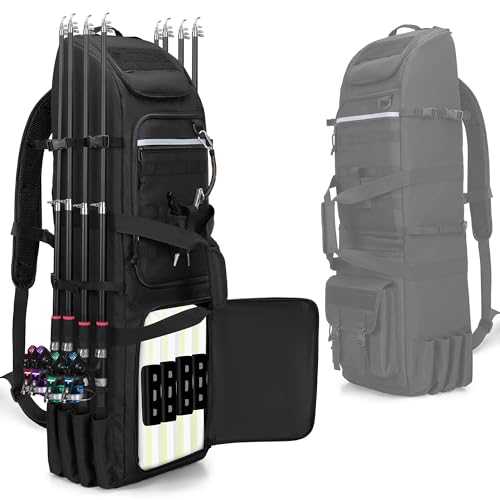 Rexmica Fishing Rod Bag Backpack Holds 8 Rods & Reels, Fishing Tackle Bag with Compartment for Tackle Boxes, Fishing Gear or Equipment, Fishing Pole Carrying Bag with Tactical Molle System
