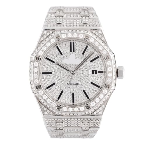 BENIYAZ Jewelery Luxury Iced Out Moissanite Watch for Men Fully Diamond Paved Automatic Timepiece with Date Display Hip Hop Bling Wrist Watch