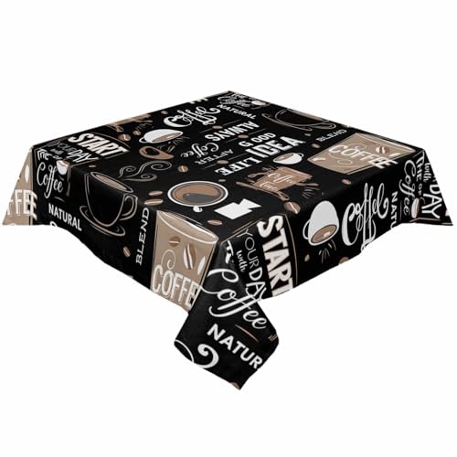 Square Waterproof Tablecloth Cartoon Theme Coffee Cup Beans Table Clothes Cover Brown Black Spill Proof Kitchen Dining Tabletop Covers for Holiday Party, Camping