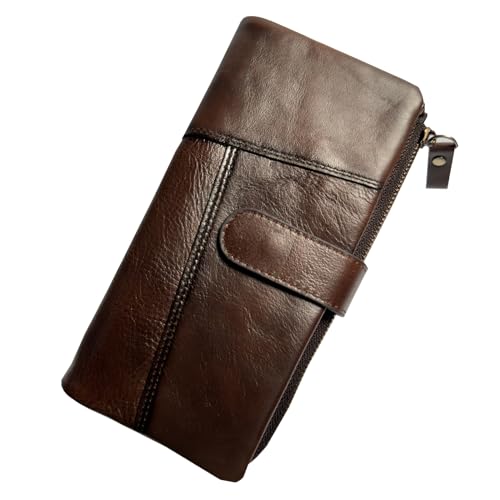 LUKZIJAES Vintage Long Wallet for Men Genuine Leather Zipper RFID Blocking Card Holder with Coin Pocket Mens Clutch Purse (#4-Coffee)