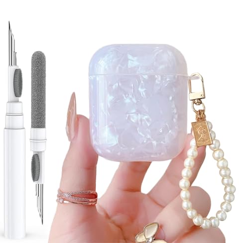 Olytop for Cute Glitter Airpods 2/1 Gen Case with Cleaner Pen,Shell Pattern Airpods 2nd/1st Generation Cover Protective Skin Girl Women with Luxury Pearl Keychain for Apple iPod 2nd/1st Gen - White