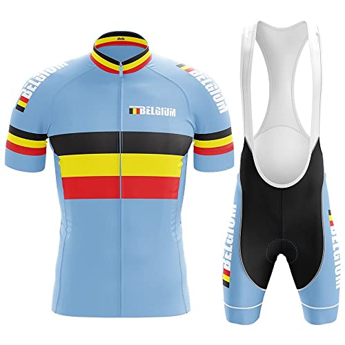 ZOLO GIFTS Men’s Cycling Jersey Set Belgium Pro Light Sky Blue Printed Short Sleeve Bike Shirt with Pocket Size XL