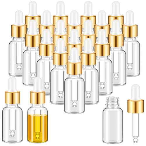 Didaey 100 Pcs Mini Glass Oil Dropper Bottle Bulk, 15 ml Gold Clear Essential Small Empty Bottles Sample Containers Perfume Liquid Vials with Cap for Traveling