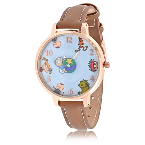 Nickelodeon Rugrats Kids Analog Watch – Vintage Cartoon Characters on Printed Dial, Stitched PU Leather Strap, Rose Gold Alloy Case – Classic Timepiece for Kids and Fans, Fits Wrists 5.5" to 8"