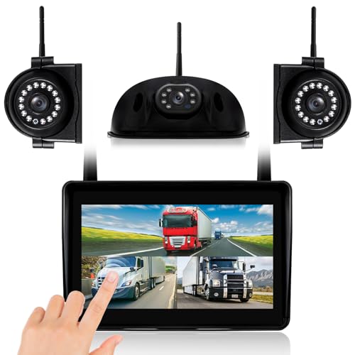 WOOCARTY 3-Camera Wireless RV Backup System, 7" 1080P Touch Screen with 1 Rear Camera for Furrion Pre-Wired Plug and 2 Side Cameras, IP69 Waterproof, IR Night Vision Cameras for RV Trailer, WF703