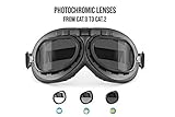 Bertoni Vintage Aviator Motorcycle Goggles Matt Black Anticrash Photochromic Lenses - F195PH Pilot Over Helmets Glasses