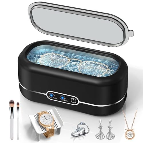 Miorcols Ultrasonic Jewelry Cleaner, 48KHz Ultrasonic Cleaner Machine for Jewelry, Glasses, Rings, Retainers, Watch Strap, Dentures, 304 Stainless Steel 12oz Cleaning Pod - Black