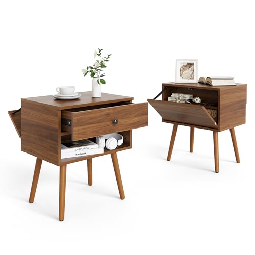 Mazefur Hidden Compartment Night Stand Set 2, Mid Century Modern Concealment Furniture, End Table with Storage Drawer, Bedside Table with Wood Legs for Bedroom (2,Walnut)