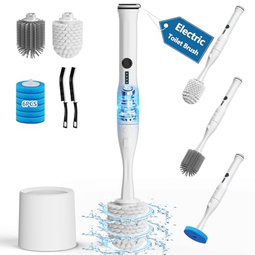 Electric Toilet Brush and Holder Set, Leebein 10 in 1 Electric Toilet Bowl Cleaning Kit with Replaceable Brushes, Nylon and Silicone Toilet Brush, 6 Refills Disposable Cleaner Brush, 2 Crevice Brushes