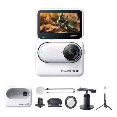 Insta360 GO 3S (White) 64GB Tiny Mighty 4K Action Vlogging Camera, Portable, Mount Anywhere, Waterproof, Stabilization, Hands-Free POV, + Action Pod and Wearable Accessories + Selfie Stick + Tripod
