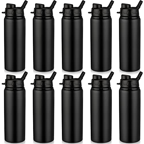 Shellwei 10 Pcs Aluminum Metal Water Bottles Bulk 24 oz Lightweight Leak Proof Sports Water Bottle with Snap Lid Reusable Bottle for Travel Camping Hiking(Black)