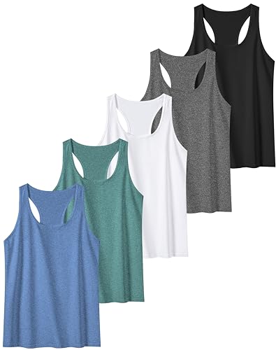 TELALEO 5 Pack Workout Tank Tops for Women, Athletic Racerback Sports Tank Top, Loose Sleeveless Dry Fit Shirts Black/Grey/White/Green/Blue M