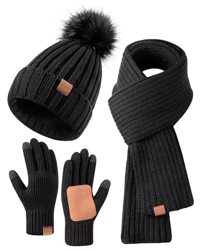 Womens Winter Beanie Hat with Fleece Lined Scarf, Neck Warmer, Touchscreen Gloves - Warm Thermal 3 in 1 Set for Cold Weather (Black)