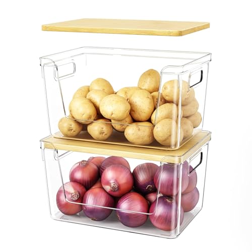 Ducoak 2 Set Pantry Organizer and Stackable Storage Kitchen,Sturdy and Durable Storage Basket for Potato, Onion, Garlic, Fruit, Vegetable, Produce, Clear Plastic Storage with Lid&Handle