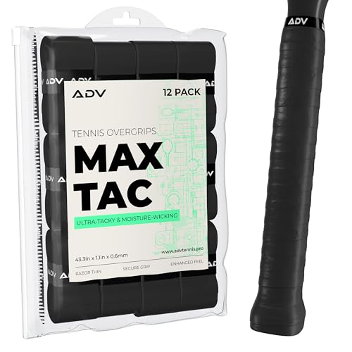 ADV MaxTac Tacky Tennis Overgrip - 12 Pack Extremely Sticky Non-Slip Tennis Grips Overgrip - Razor-Thin & Easy to Use Pro Tennis Racquet Grip Tape (12-Pack Black)
