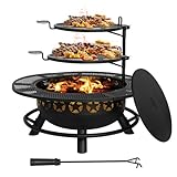 Hykolity 35 Inch Fire Pit with 2 Cooking Grate & Charcoal Pan, Outdoor Wood Burning BBQ Grill Firepit Bowl with Cover Lid, Steel Round Table for Backyard Bonfire Patio Picnic