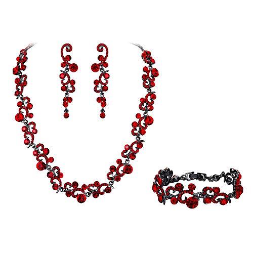 EVER FAITH Women's Austrian Crystal Stunning Prom Flower Necklace Earrings Bracelet Set Red Black-Tone