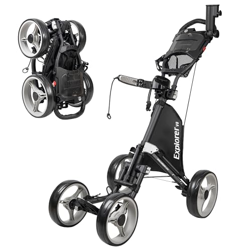 CaddyTek Explorer V8 SuperLite Golf Push Cart – Lightweight 4-Wheel Folding Trolley with Adjustable Front Wheel Width, EVA Wheels, Foot Brake & Storage Console
