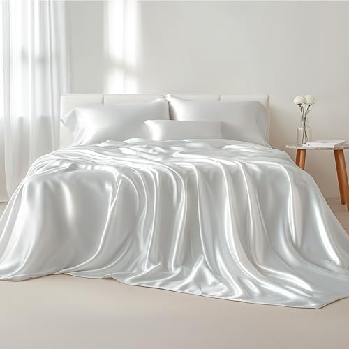 Bedsure Satin Sheets Queen Size - Luxury Silky Bed Sheet Set, Ultra Soft & Wrinkle Free, Good for Hair & Skin, Gifts for Women, 15 Inches Deep Pocket, 4-Piece (Queen, Pure White)