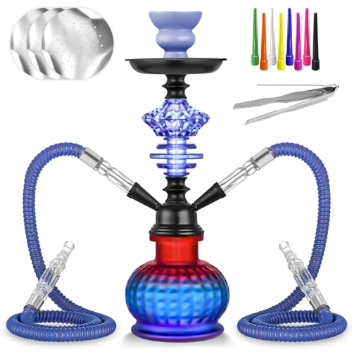 12'' Hookah Set 2 Hose Shisha Hookah Set With Everything - Modern Glass Vase, 50 Hookah Foil, 50 Hookah Tips (Blue)