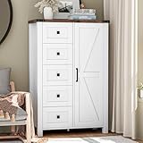 VVFLU Farmhouse Dresser Storage Cabinet Chest of Drawer for Bedroom, 5 Drawer Dresser with Barn Door, 48 Inch Tall White Wood Dresser, Adjustable Shelves, Rustic, for Living Room, Entryway, Hallway