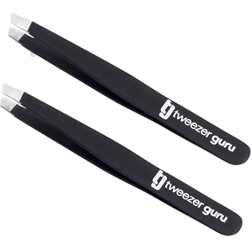 Tweezer Guru Tweezers for Women Facial Hair & Men – Precision Slant-Pointed Eyebrow Tweezer for Ingrown Hair, Blackhead & Splinter Removal (2 Black)