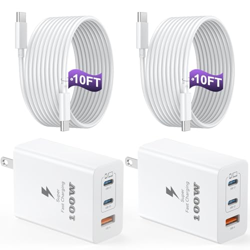 USB C Charger Block 100W, 3-Port GaN Super Fast Charger, Type C Wall Charger Adapter with 10ft USB C Charging Cable for MacBook Pro/Air,iPad Pro, iPhone 16/15Pro, S25/S24/S23 and More[2 Pack]