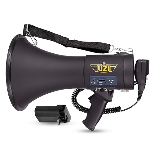 Uzi High Power Loud Big Bluetooth Megaphone 50W, Professional Bullhorn Megaphone Used by First Responders, Police & Agencies, Rechargeable Battery, PA System, Outdoor Activities - Round Shaped