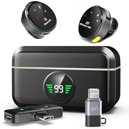 2 Pack Wireless Bluetooth Microphone for iPhone iPad Android with Charging Case,40h Noise Reduction Omnidirectional Clip on Microphone with Lightning/USB-C Plug-Play for Video Recording Interview Vlog