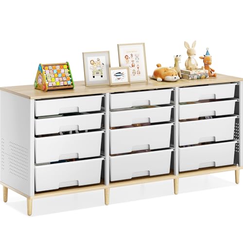 SYKIARIOL Storage Cabinet with 12 Drawers, Home Storage with Wooden Tabletop, Cube Storage Organizer for Living Room, Bedroom, Classroom, Office, Playroom, Craft Room, (White)