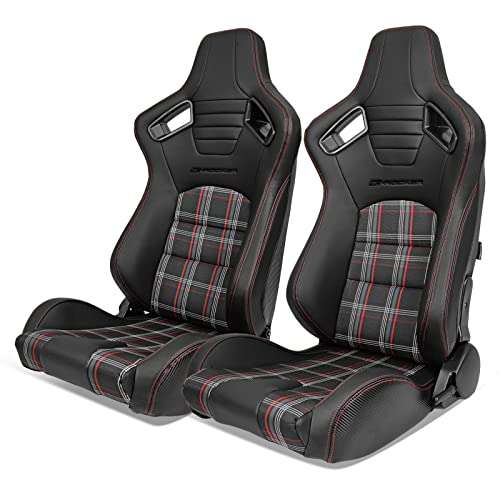 IKON MOTORSPORTS, Universal Racing Seats Pair with Dual Sliders, PU & Red Plaid Fabric & Carbon Leather Reclinable Left Right