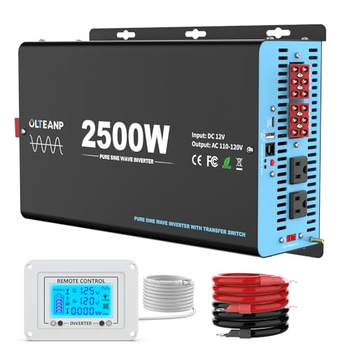 2500W Pure Sine Wave Inverter with Transfer Switch, 12V DC to 120V AC Converter with 2AC Outlets, USB Port, Type-C Port, Remote Controller, Power Inverter for RV, Outdoor, Auto Swtich to Shore Power